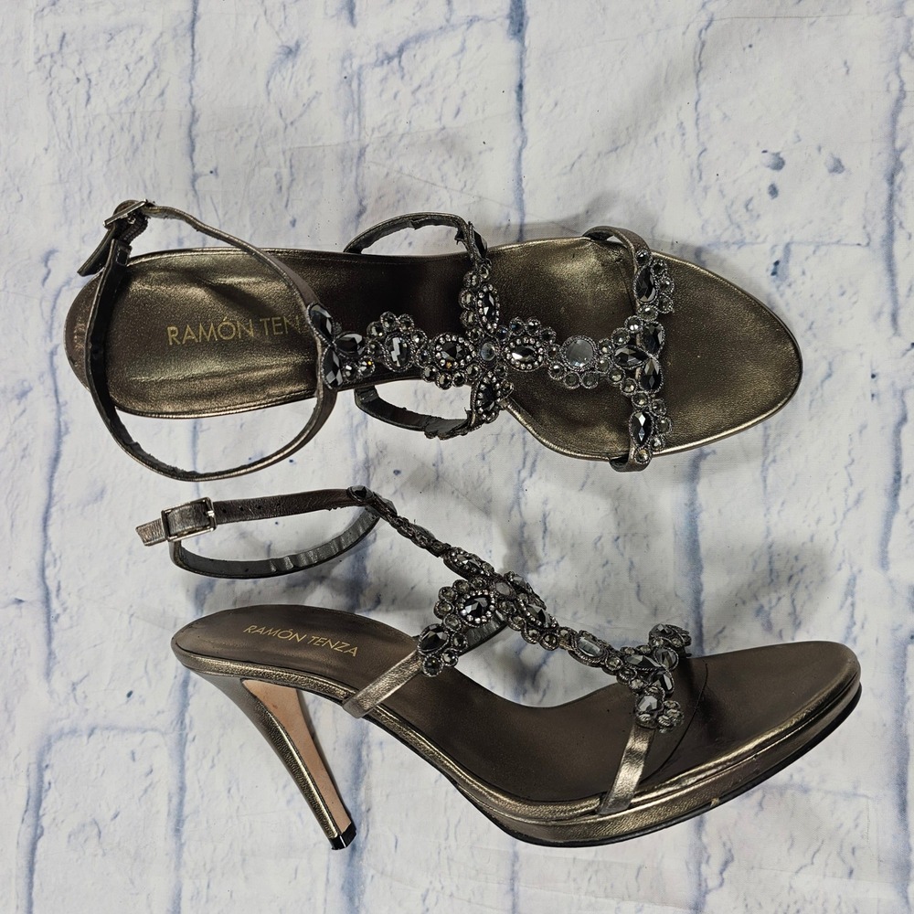 Ramon Tenza Stiletto Sandals Women 9.5 Bronze Crystal Embellished Evening Heels